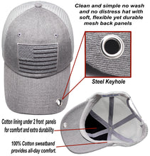 Load image into Gallery viewer, Antourage American Flag Hat for Men and Women | Classic Mesh Baseball Hat Cap with USA Flag + 2 Patriotic Patches - Grey with Keyhole