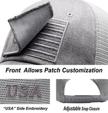 Load image into Gallery viewer, Antourage American Flag Hat for Men and Women | Classic Mesh Baseball Hat Cap with USA Flag + 2 Patriotic Patches - Grey with Keyhole