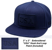 Load image into Gallery viewer, Antourage American Flag Flat Visor Constructed Snapback Hat + 2 Patriotic Patches - Navy