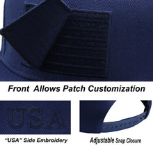 Load image into Gallery viewer, Antourage American Flag Flat Visor Constructed Snapback Hat + 2 Patriotic Patches - Navy