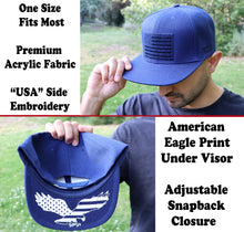 Load image into Gallery viewer, Antourage American Flag Flat Visor Constructed Snapback Hat + 2 Patriotic Patches - Navy