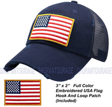 Load image into Gallery viewer, Antourage American Flag Mesh Snapback Unconstructed Unisex Trucker Hat + 2 Patriotic Patches - Navy