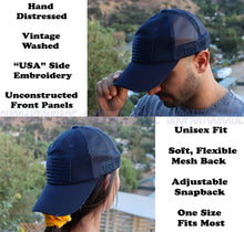 Load image into Gallery viewer, Antourage American Flag Mesh Snapback Unconstructed Unisex Trucker Hat + 2 Patriotic Patches - Navy