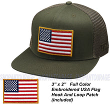 Load image into Gallery viewer, Antourage American Flag Flat Visor Constructed Mesh Snapback Hat + 2 Patriotic Patches - Olive