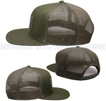 Load image into Gallery viewer, Antourage American Flag Flat Visor Constructed Mesh Snapback Hat + 2 Patriotic Patches - Olive