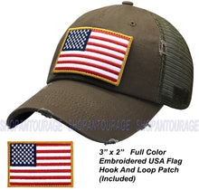 Load image into Gallery viewer, Antourage American Flag Mesh Snapback Unconstructed Unisex Trucker Hat + 2 Patriotic Patches - Olive