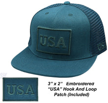 Load image into Gallery viewer, Antourage American Flag Flat Visor Constructed Mesh Snapback Hat + 2 Patriotic Patches - Teal