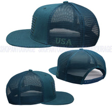 Load image into Gallery viewer, Antourage American Flag Flat Visor Constructed Mesh Snapback Hat + 2 Patriotic Patches + 2 Patriotic Patches - Wholesale: Teal - 10 Units ($8.00 Ea.)