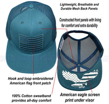 Load image into Gallery viewer, Antourage American Flag Flat Visor Constructed Mesh Snapback Hat + 2 Patriotic Patches + 2 Patriotic Patches - Wholesale: Teal - 10 Units ($8.00 Ea.)