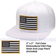 Load image into Gallery viewer, Antourage American Flag Flat Visor Constructed Snapback Hat + 2 Patriotic Patches - Wholesale: White - 10 Units ($8.00 Ea.)
