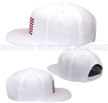 Load image into Gallery viewer, Antourage American Flag Flat Visor Constructed Snapback Hat + 2 Patriotic Patches - White