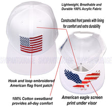 Load image into Gallery viewer, Antourage American Flag Flat Visor Constructed Snapback Hat + 2 Patriotic Patches - White