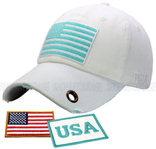 Load image into Gallery viewer, Antourage American Flag Hat for Men and Women | Vintage Baseball Tactical Hat Cap with USA Flag + 2 Patriotic Patches - White with Teal Flag and Brass Keyhole