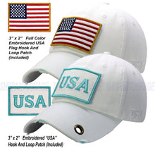 Load image into Gallery viewer, Antourage American Flag Hat for Men and Women | Vintage Baseball Tactical Hat Cap with USA Flag + 2 Patriotic Patches - White with Teal Flag and Brass Keyhole