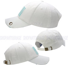 Load image into Gallery viewer, Antourage American Flag Hat for Men and Women | Vintage Baseball Tactical Hat Cap with USA Flag + 2 Patriotic Patches - White with Teal Flag and Brass Keyhole