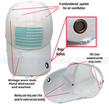 Load image into Gallery viewer, Antourage American Flag Hat for Men and Women | Vintage Baseball Tactical Hat Cap with USA Flag + 2 Patriotic Patches - White with Teal Flag and Brass Keyhole