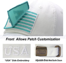 Load image into Gallery viewer, Antourage American Flag Hat for Men and Women | Vintage Baseball Tactical Hat Cap with USA Flag + 2 Patriotic Patches - White with Teal Flag and Brass Keyhole