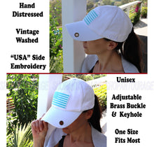Load image into Gallery viewer, Antourage American Flag Hat for Men and Women | Vintage Baseball Tactical Hat Cap with USA Flag + 2 Patriotic Patches - White with Teal Flag and Brass Keyhole