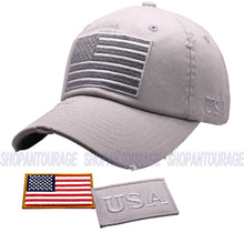 Load image into Gallery viewer, Antourage American Flag Hat for Men and Women | Vintage Baseball Tactical Hat Cap with USA Flag + 2 Patriotic Patches - Lt.Grey