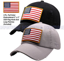 Load image into Gallery viewer, ANTOURAGE 2 PACK: American Flag Hat for Men And Women | Vintage Baseball Tactical Hat Cap With USA Flag + 4 Patches - Black/White + Lt.Grey