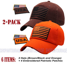 Load image into Gallery viewer, ANTOURAGE 2 PACK: American Flag Hat for Men And Women | Vintage Baseball Tactical Hat Cap With USA Flag + 4 Patches - Brown+Orange
