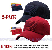 Load image into Gallery viewer, ANTOURAGE 2 PACK: American Flag Hat for Men And Women | Vintage Baseball Tactical Hat Cap With USA Flag + 4 Patches - Navy + Burgundy