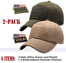 Load image into Gallery viewer, ANTOURAGE 2 PACK: American Flag Hat for Men And Women | Vintage Baseball Tactical Hat Cap With USA Flag + 4 Patches - Olive + Khaki