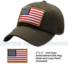 Load image into Gallery viewer, Antourage American Flag Distressed Cotton Collection Hat - Wholesale: Olive - 10 Units ($8.00 Ea.)