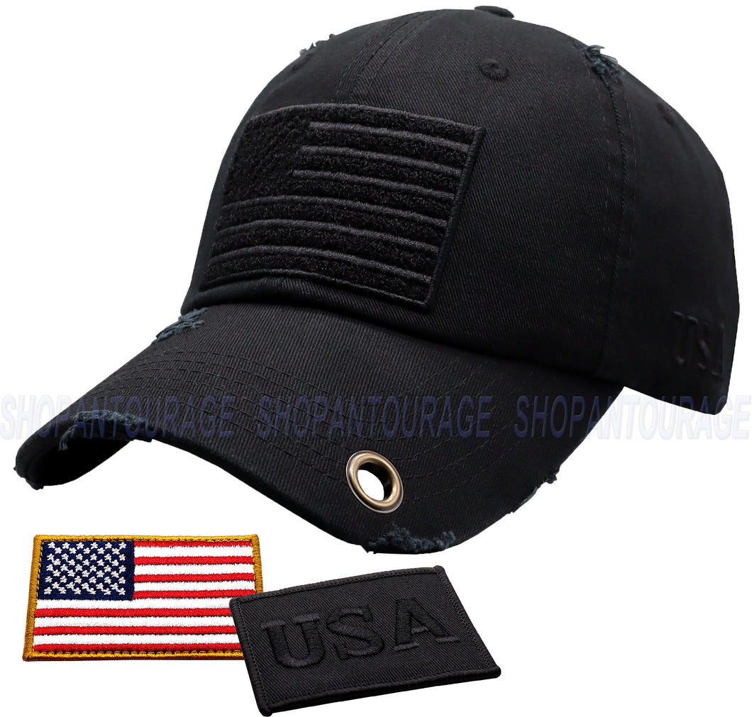 Antourage American Flag Distressed Cotton Keyhole Hat Collection - Wholesale: Black 10 Units / $8.50 Each