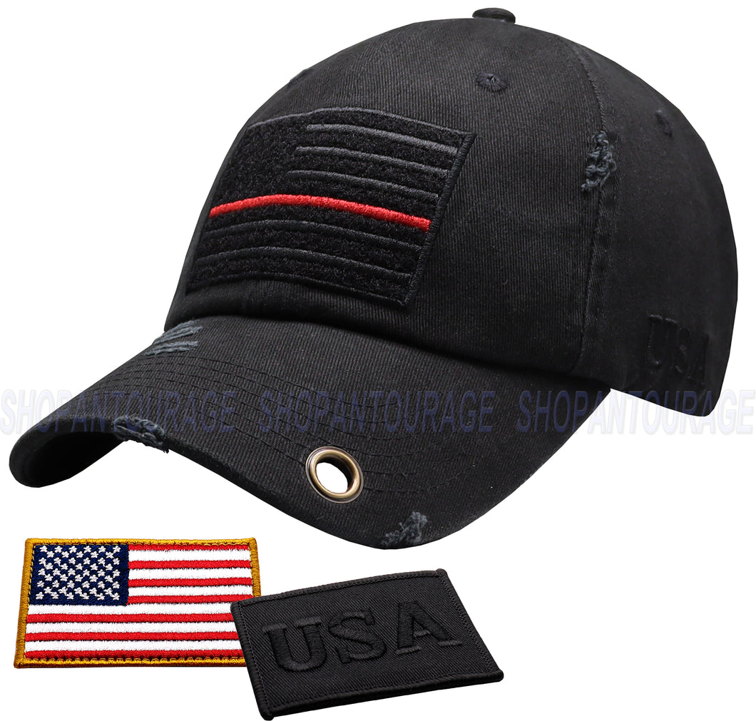 Antourage American Flag Distressed Cotton Keyhole Hat Collection - Wholesale: Black / Red Line 10 Units / $8.50 Each