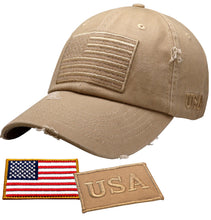 Load image into Gallery viewer, Antourage American Flag Hat for Men and Women | Vintage Baseball Tactical Hat Cap with USA Flag + 2 Patriotic Patches - Khaki
