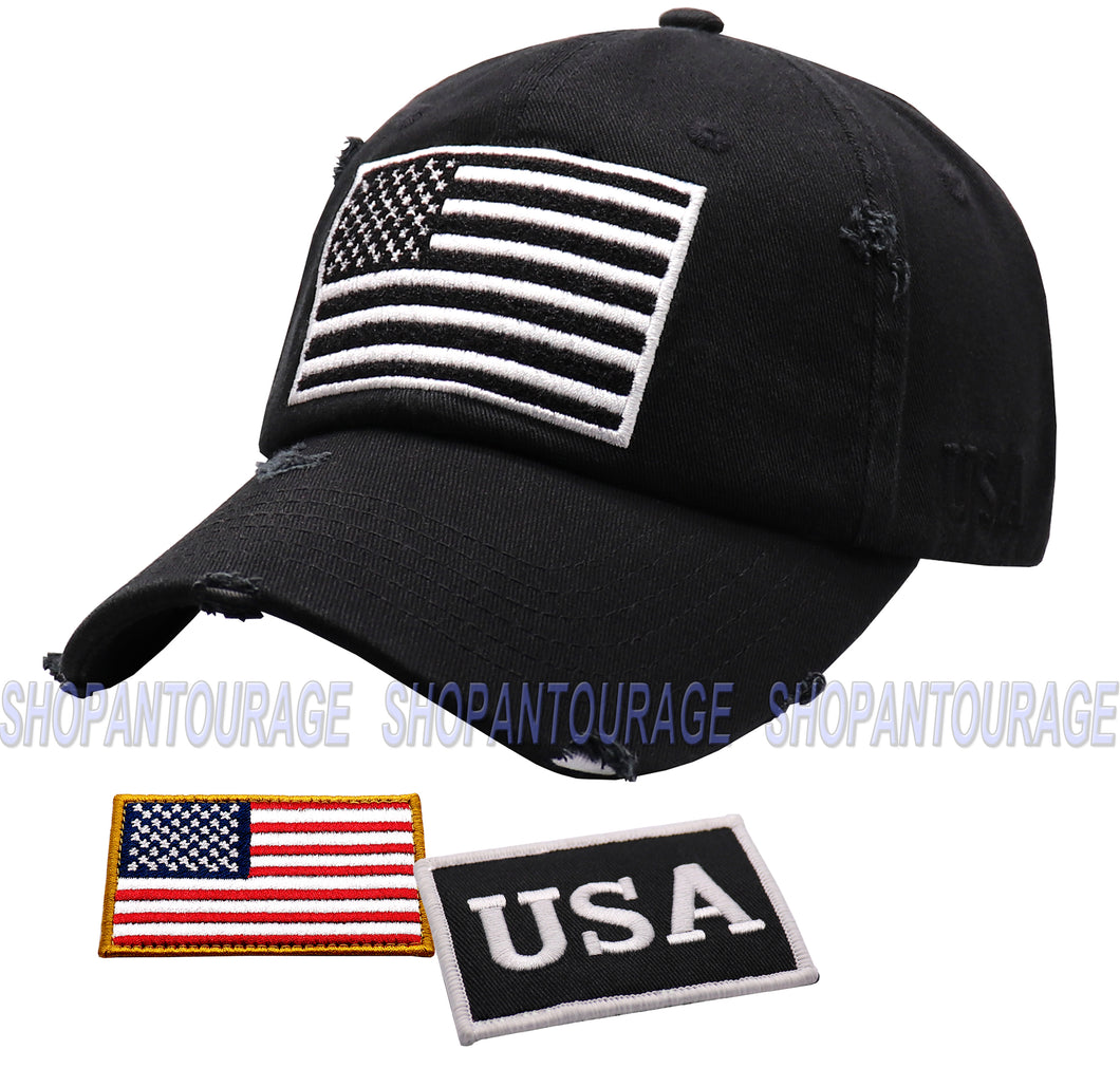 Antourage American Flag Distressed Cotton Collection Hat - Wholesale: Black/White - 10 Units ($8.00 Ea.)