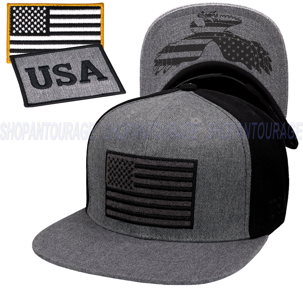 Antourage American Flag Flat Visor Constructed Snapback Hat + 2 Patriotic Patches - Wholesale: 2-Tone: Grey/Black - 10 Units ($8.00 Ea.)