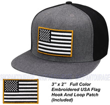 Load image into Gallery viewer, Antourage American Flag Flat Visor Constructed Snapback Hat + 2 Patriotic Patches - 2-Tone: Grey/Black
