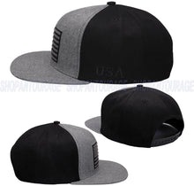 Load image into Gallery viewer, Antourage American Flag Flat Visor Constructed Snapback Hat + 2 Patriotic Patches - 2-Tone: Grey/Black
