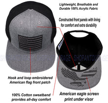 Load image into Gallery viewer, Antourage American Flag Flat Visor Constructed Snapback Hat + 2 Patriotic Patches - 2-Tone: Grey/Black
