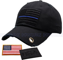 Load image into Gallery viewer, Antourage American Flag Hat for Men and Women | Vintage Baseball Tactical Hat Cap with USA Flag + 2 Patriotic Patches - Black with Thin Blue Line with Brass Keyhole
