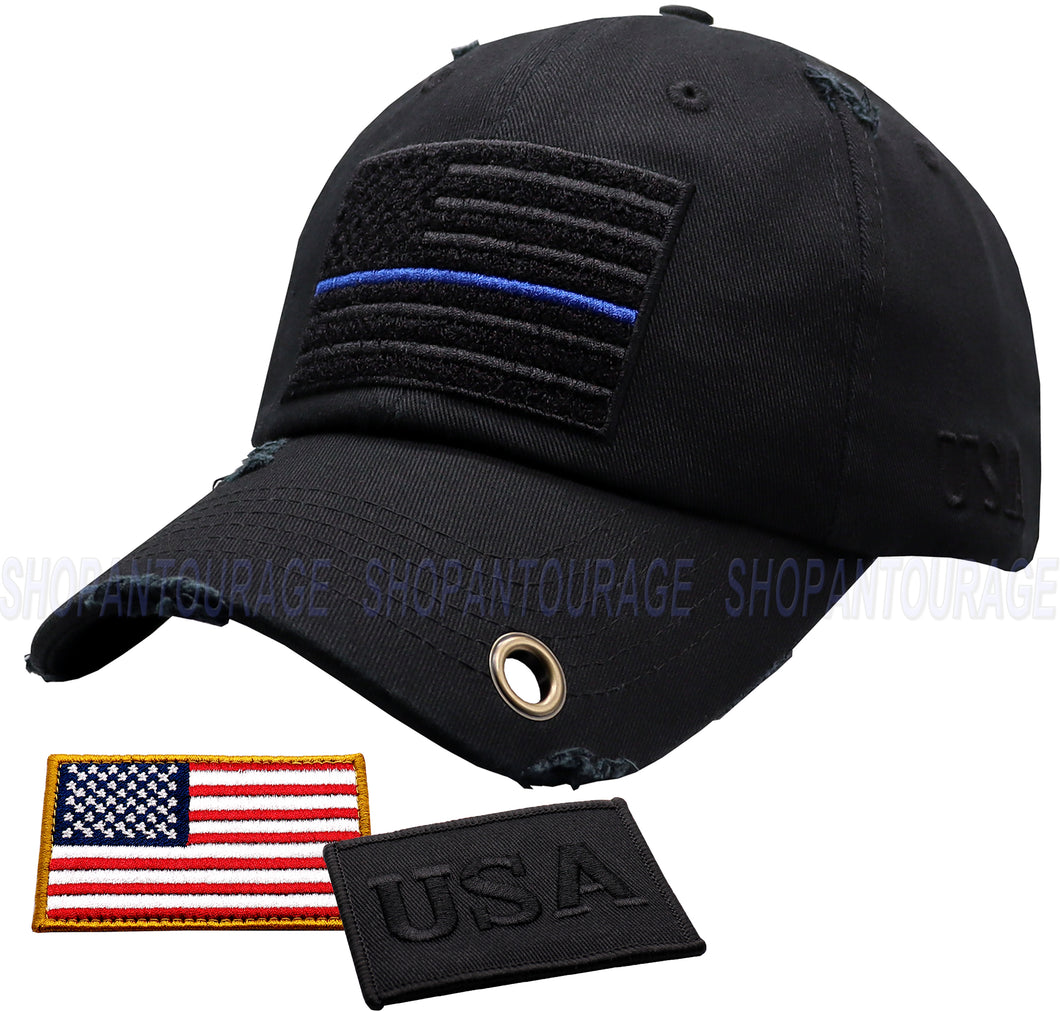 Antourage American Flag Hat for Men and Women | Vintage Baseball Tactical Hat Cap with USA Flag + 2 Patriotic Patches - Black with Thin Blue Line with Brass Keyhole