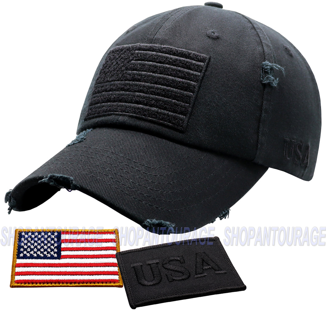 Antourage American Flag Hat for Men and Women | Vintage Baseball Tactical Hat Cap with USA Flag + 2 Patriotic Patches - Black