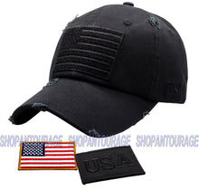 Load image into Gallery viewer, Antourage American Flag Distressed Cotton Collection Hat - Wholesale: Black - 10 Units ($8.00 Ea.)
