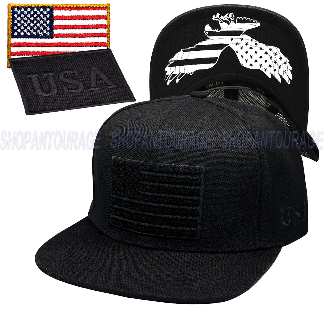 Antourage American Flag Flat Visor Constructed Snapback Hat + 2 Patriotic Patches - Wholesale: Black - 10 Units ($8.00 Ea.)