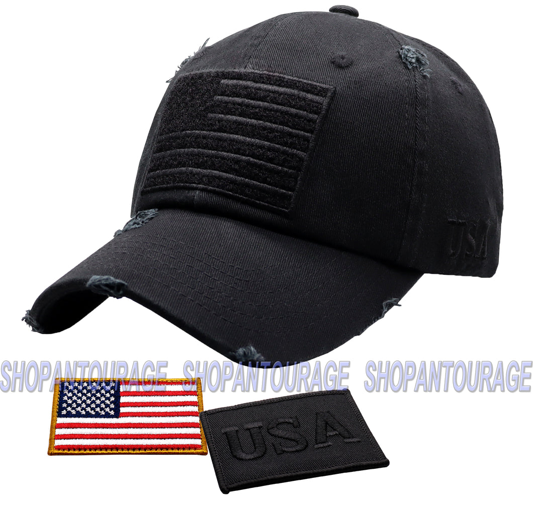 Antourage American Flag Distressed Cotton Collection Hat - Wholesale: Black - 10 Units ($8.00 Ea.)