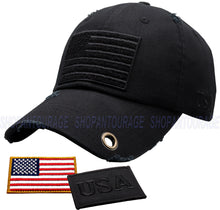 Load image into Gallery viewer, Antourage American Flag Hat for Men and Women | Vintage Baseball Tactical Hat Cap with USA Flag + 2 Patriotic Patches - Black with Brass Keyhole
