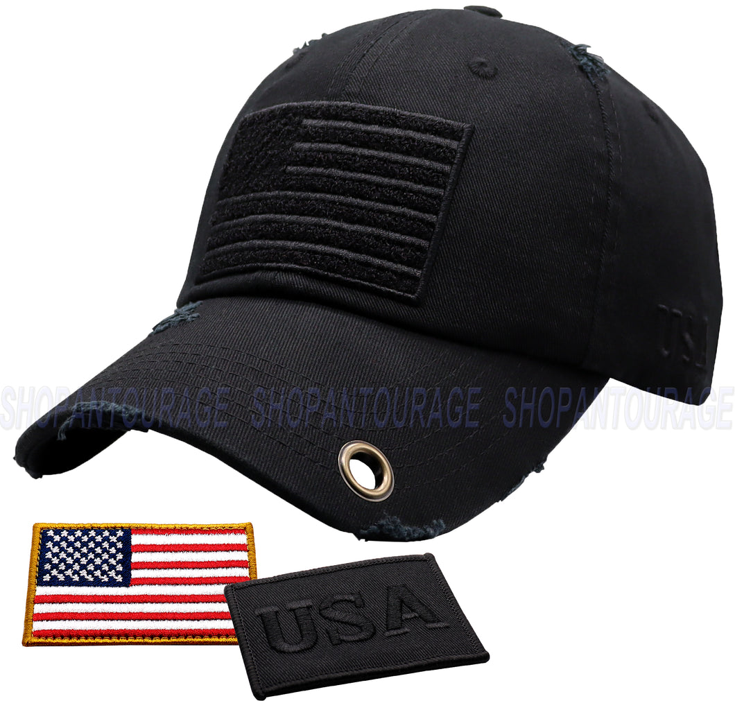 Antourage American Flag Hat for Men and Women | Vintage Baseball Tactical Hat Cap with USA Flag + 2 Patriotic Patches - Black with Brass Keyhole