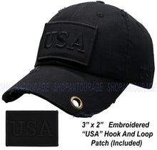 Load image into Gallery viewer, Antourage American Flag Hat for Men and Women | Vintage Baseball Tactical Hat Cap with USA Flag + 2 Patriotic Patches - Black with Brass Keyhole
