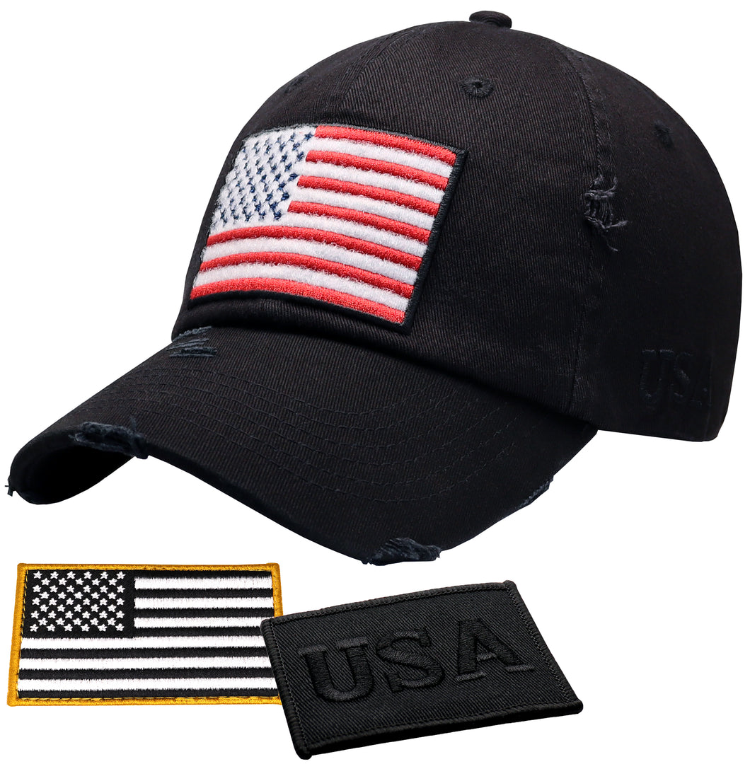 Antourage American Flag Hat for Men and Women | Vintage Baseball Tactical Hat Cap with USA Flag + 2 Patriotic Patches - Black_Full Flag