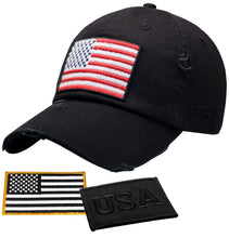 Load image into Gallery viewer, Antourage American Flag Distressed Cotton Collection Hat - Wholesale: Black_ Full Flag - 10 Units ($8.00 Ea.)
