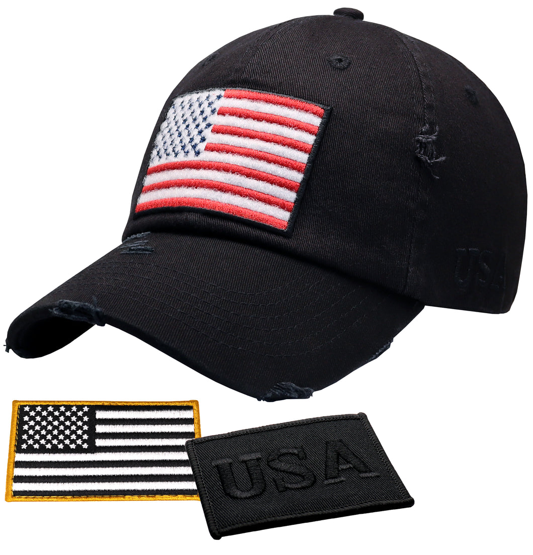 Antourage American Flag Distressed Cotton Collection Hat - Wholesale: Black_ Full Flag - 10 Units ($8.00 Ea.)