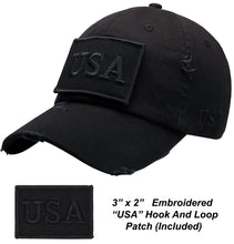 Load image into Gallery viewer, Antourage American Flag Distressed Cotton Collection Hat - Wholesale: Black_ Full Flag - 10 Units ($8.00 Ea.)
