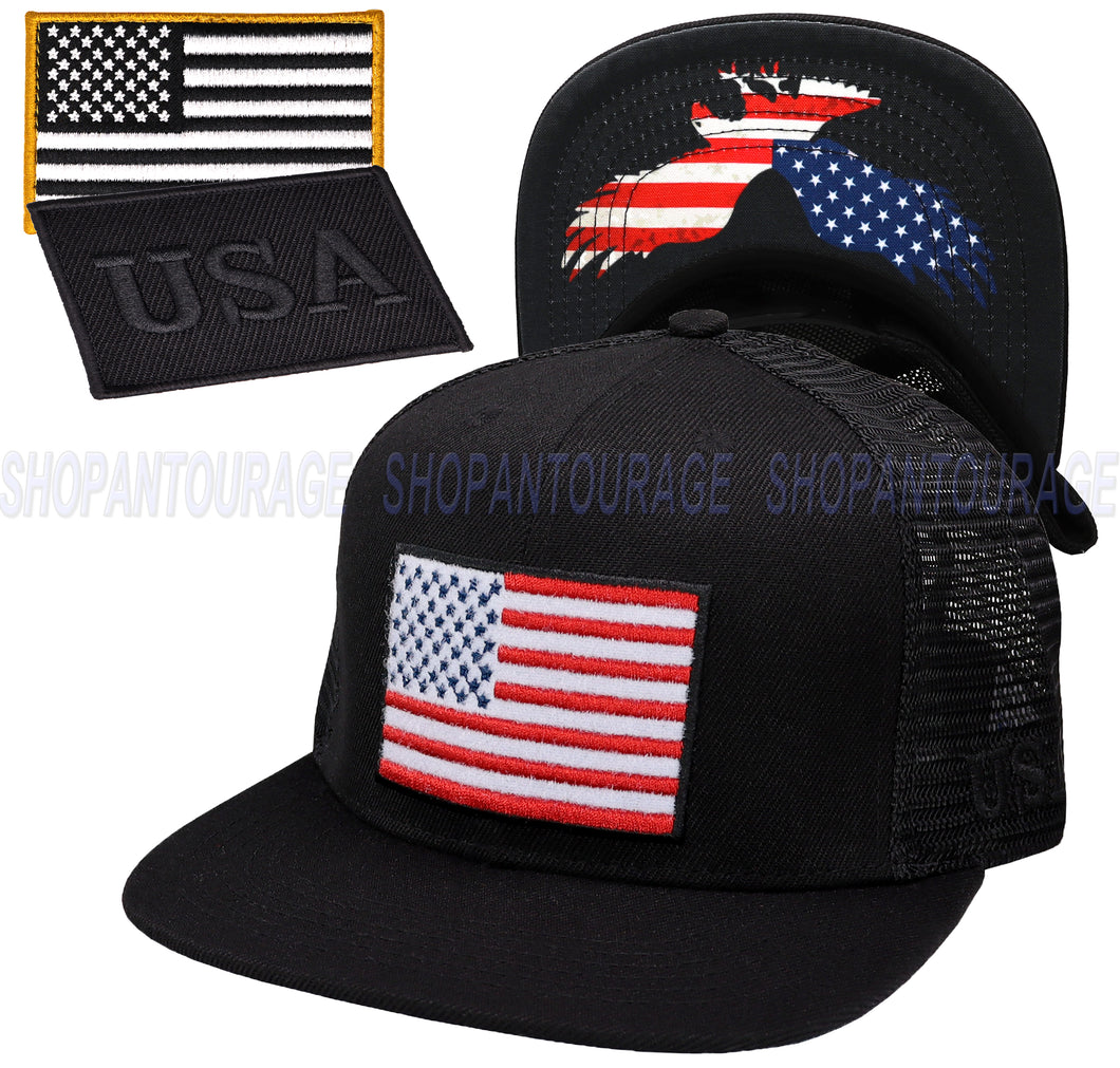 Antourage American Flag Flat Visor Constructed Mesh Snapback Hat + 2 Patriotic Patches - Black